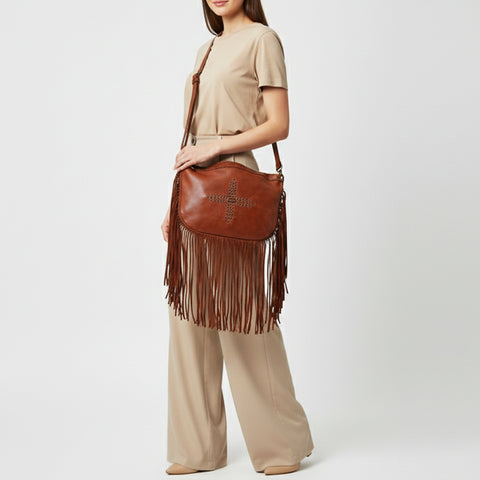 Modern Rivet-Fringe Shoulder Bag