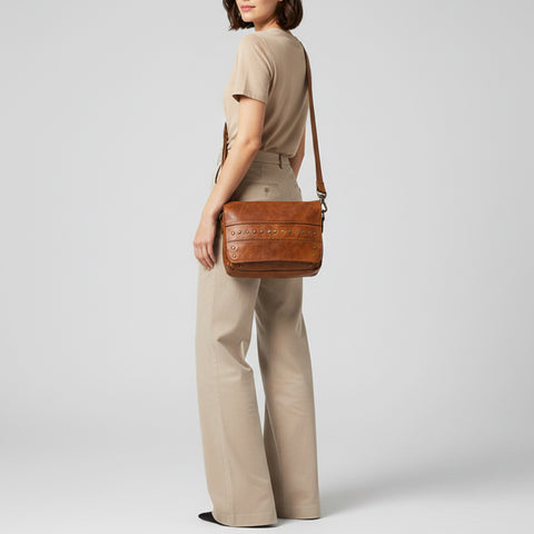 Flap-Front Studded Messenger Bag