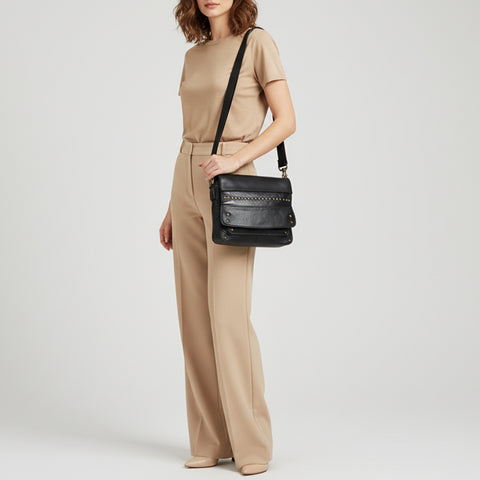 Flap-Front Studded Messenger Bag
