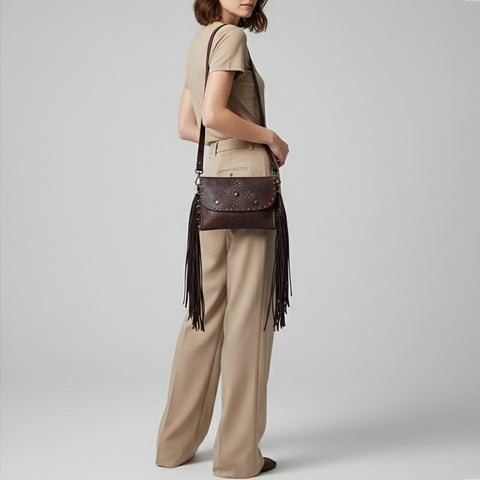 Compact Leather Fringes Crossbody